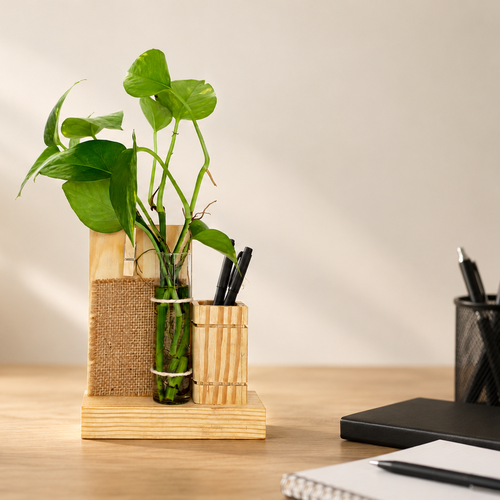 Desk setup with laptop, plant, and office supplies on a wooden surface.