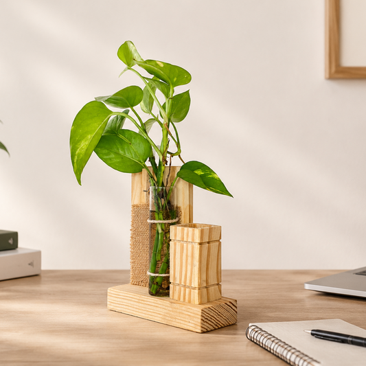 Home office desk with plants, books, laptop, and a notebook.