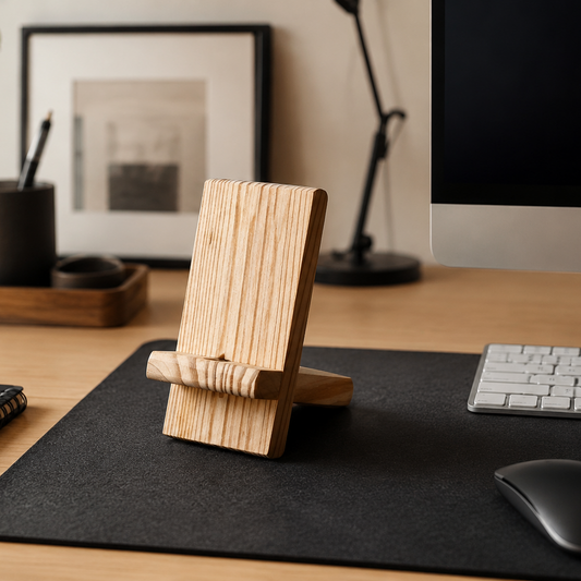 a mobile phone stand made of pine wood on a work table
