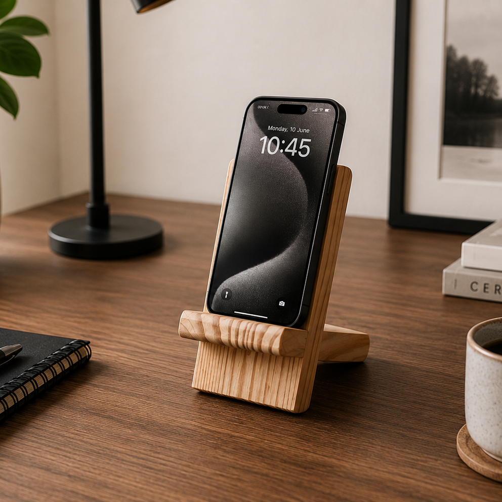Smartphone on a wooden stand on a desk with a cup of coffee, notebook, and plant.