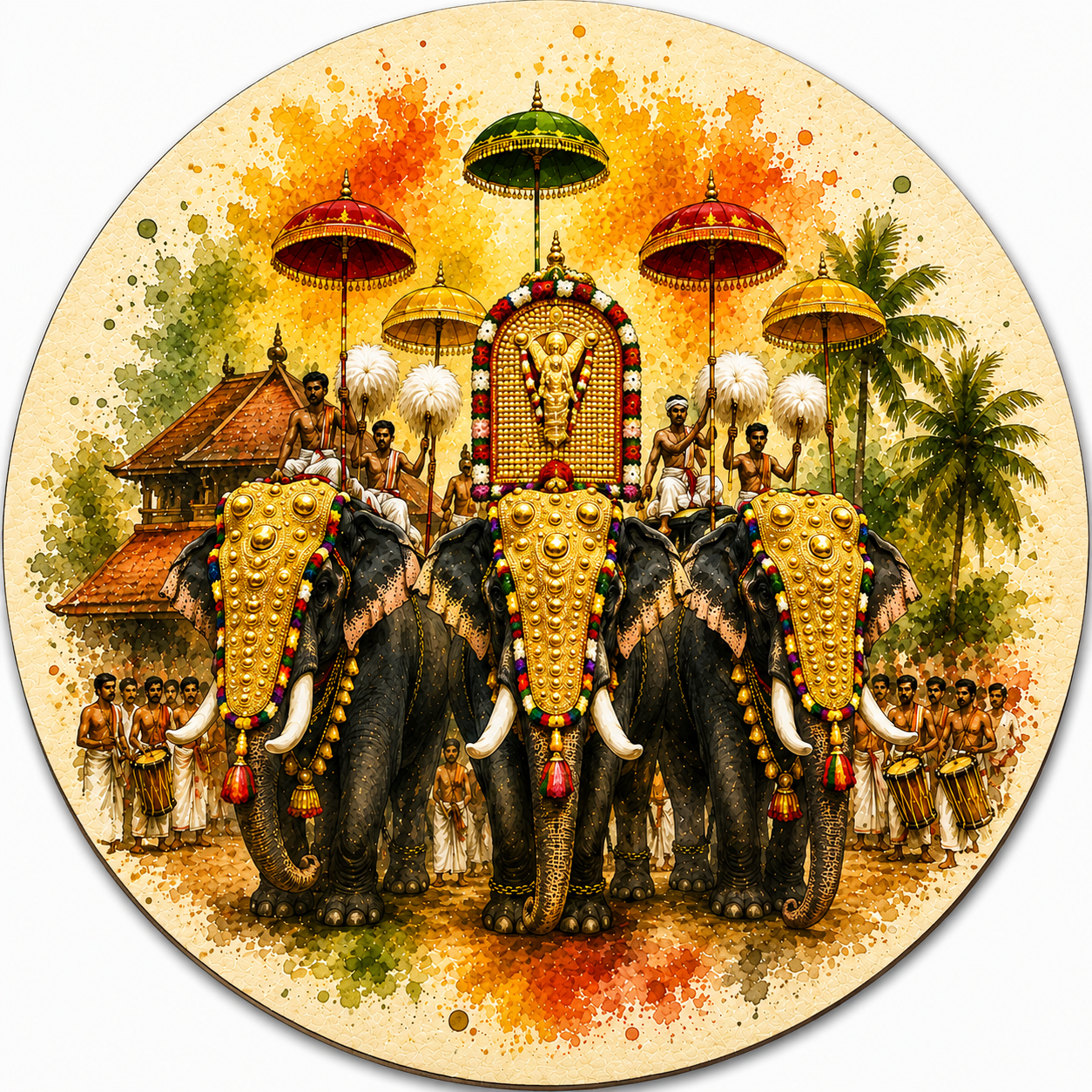 Kerala Festival – Three Elephants Wooden Coaster