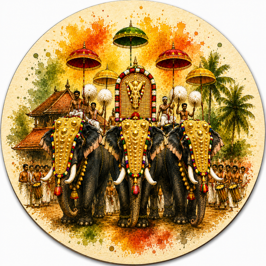 Kerala Festival – Three Elephants Wooden Coaster