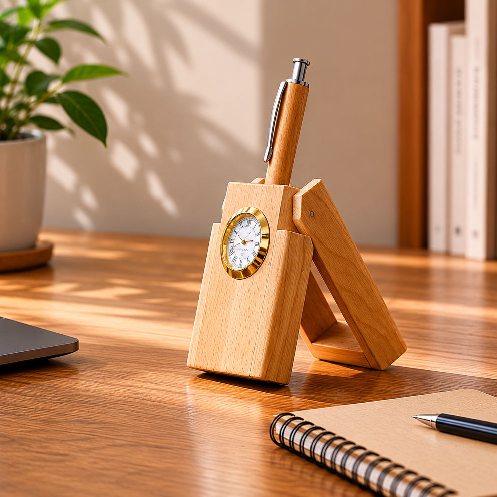 Wooden pen holder with clock on a desk with laptop, notebook, and mug.
