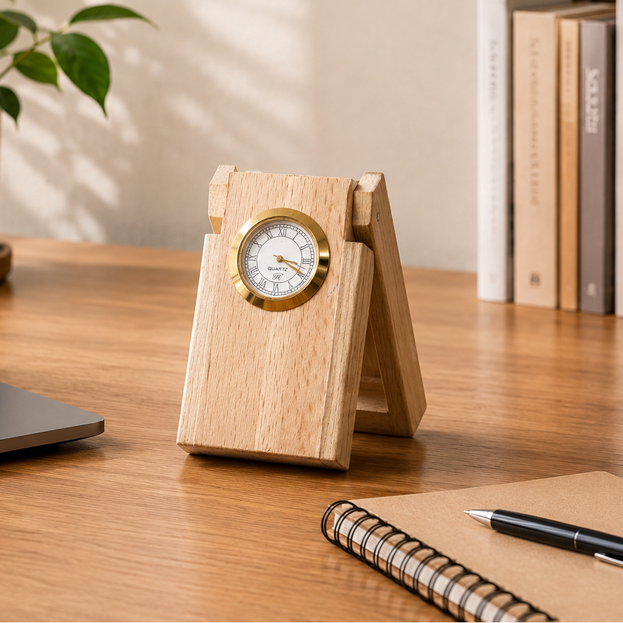 Wooden clock on a desk with laptop, notebook, and books in the background
